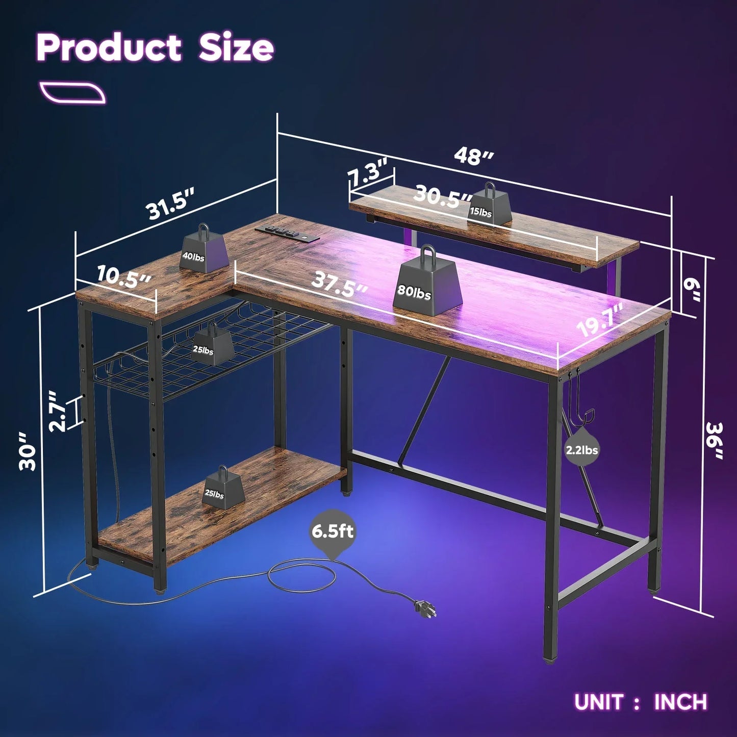 48" L Shaped Desk with LED Lights & Power Outlets, Corner Computer Desk with Monitor Stand for Home Office, Rustic