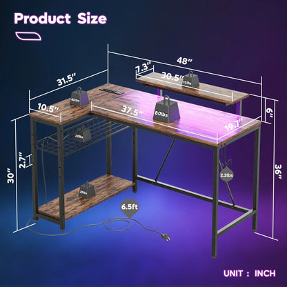 48" L Shaped Desk with LED Lights & Power Outlets, Corner Computer Desk with Monitor Stand for Home Office, Rustic