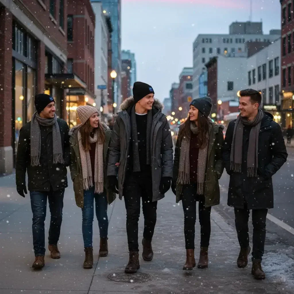 Group of five friends walking on snowy city street wearing winter coats, scarves, hats, and boots during evening