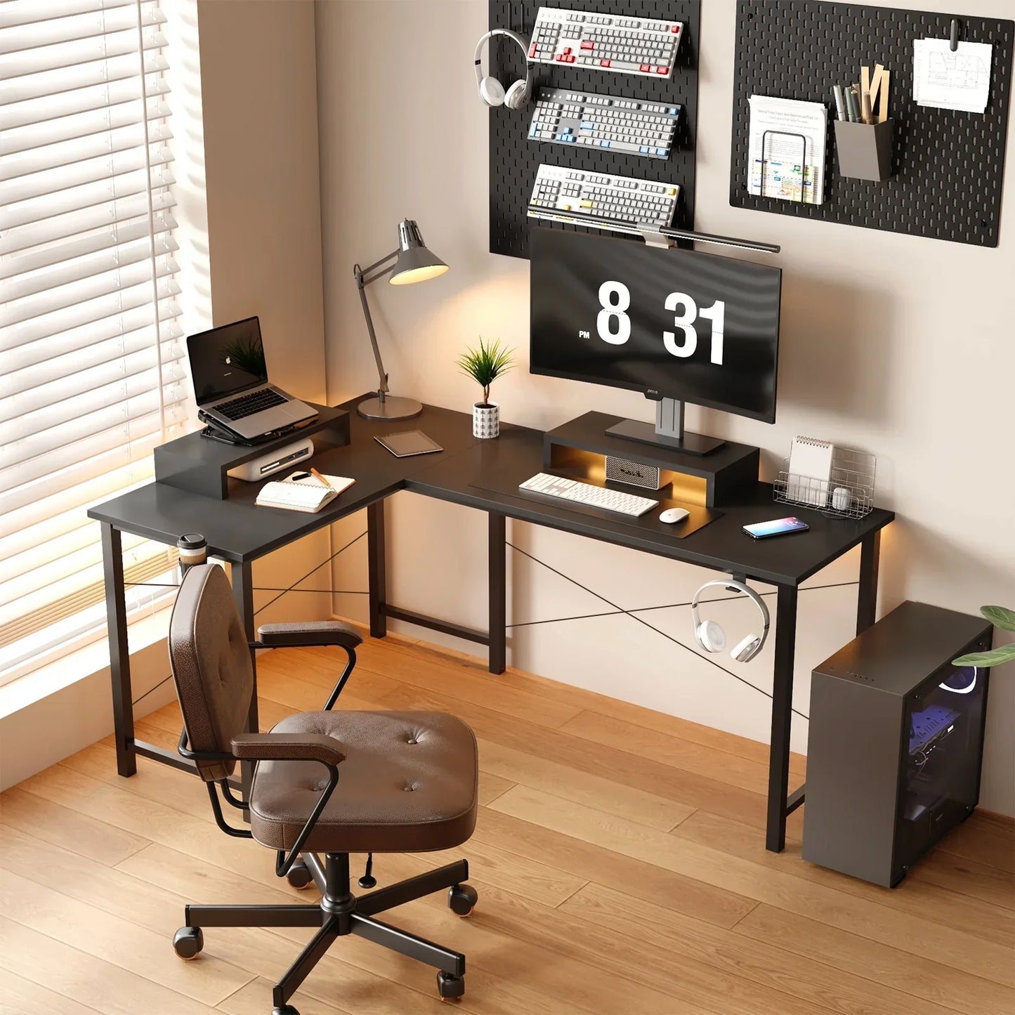 L-Shaped Gaming Desk with RGB Light and Removable Storage Stands, Black