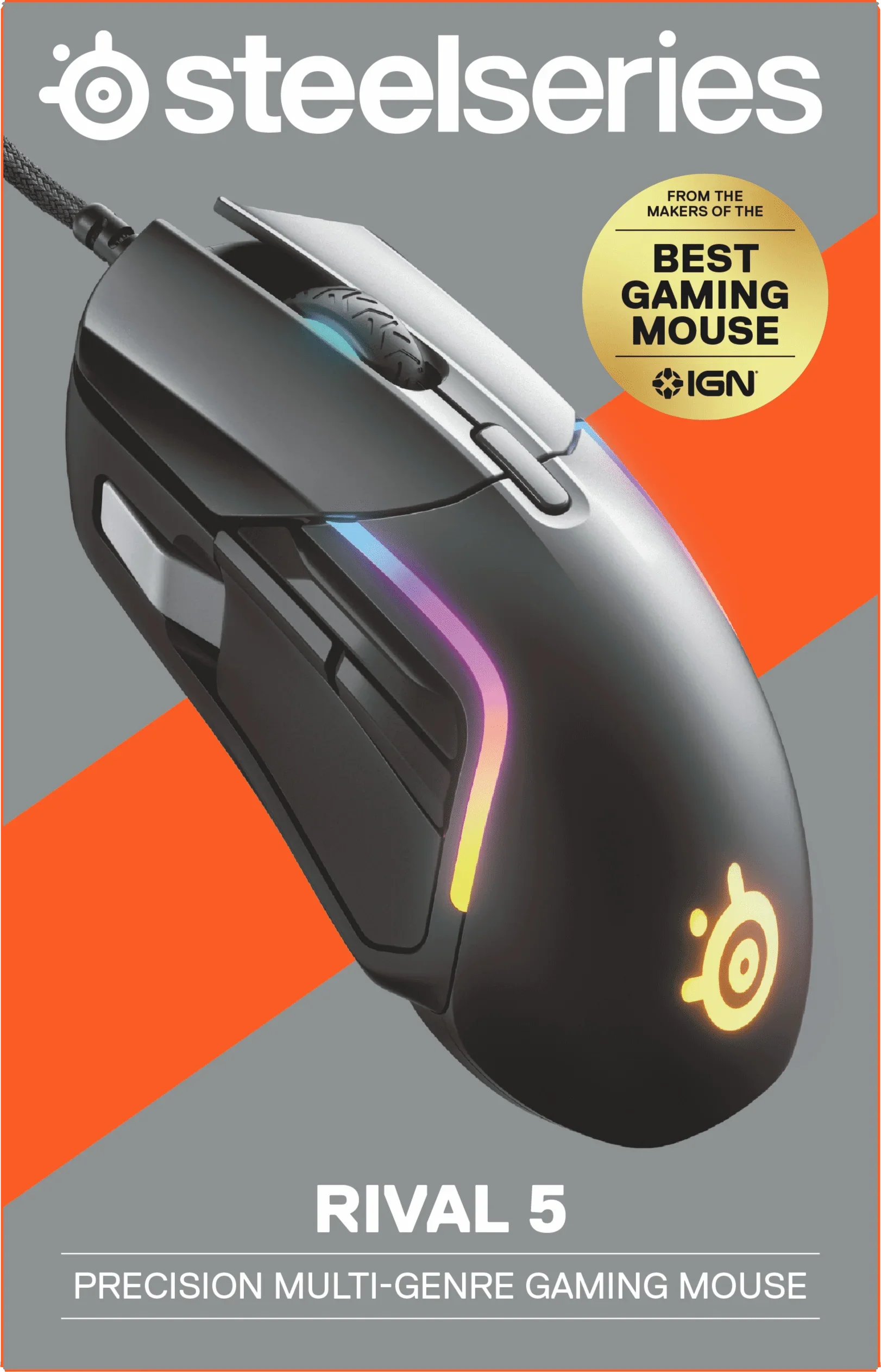SteelSeries Rival 5 precision multi-genre gaming mouse with RGB lighting and textured scroll wheel