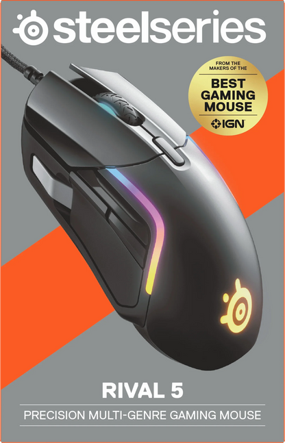 SteelSeries Rival 5 precision multi-genre gaming mouse with RGB lighting and textured scroll wheel