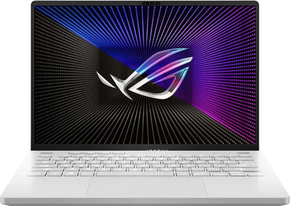 White gaming laptop with illuminated keyboard and colorful screen featuring ROG logo