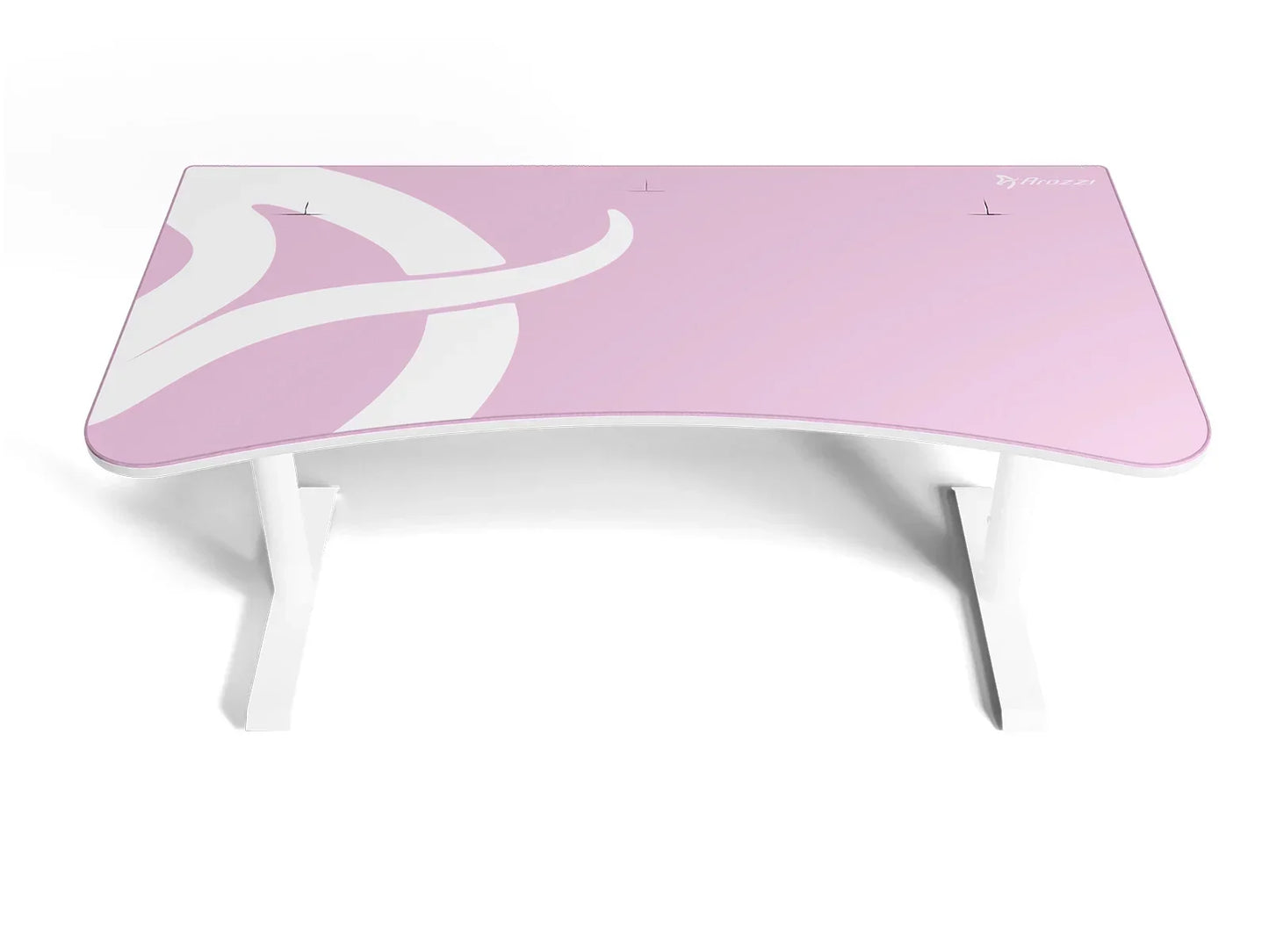 Curved pink gaming desk with white abstract design and white legs on white background