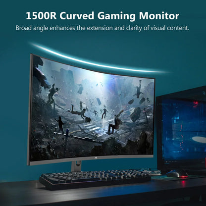 1500R curved gaming monitor displaying action game scene on desk with keyboard and mouse in blue room