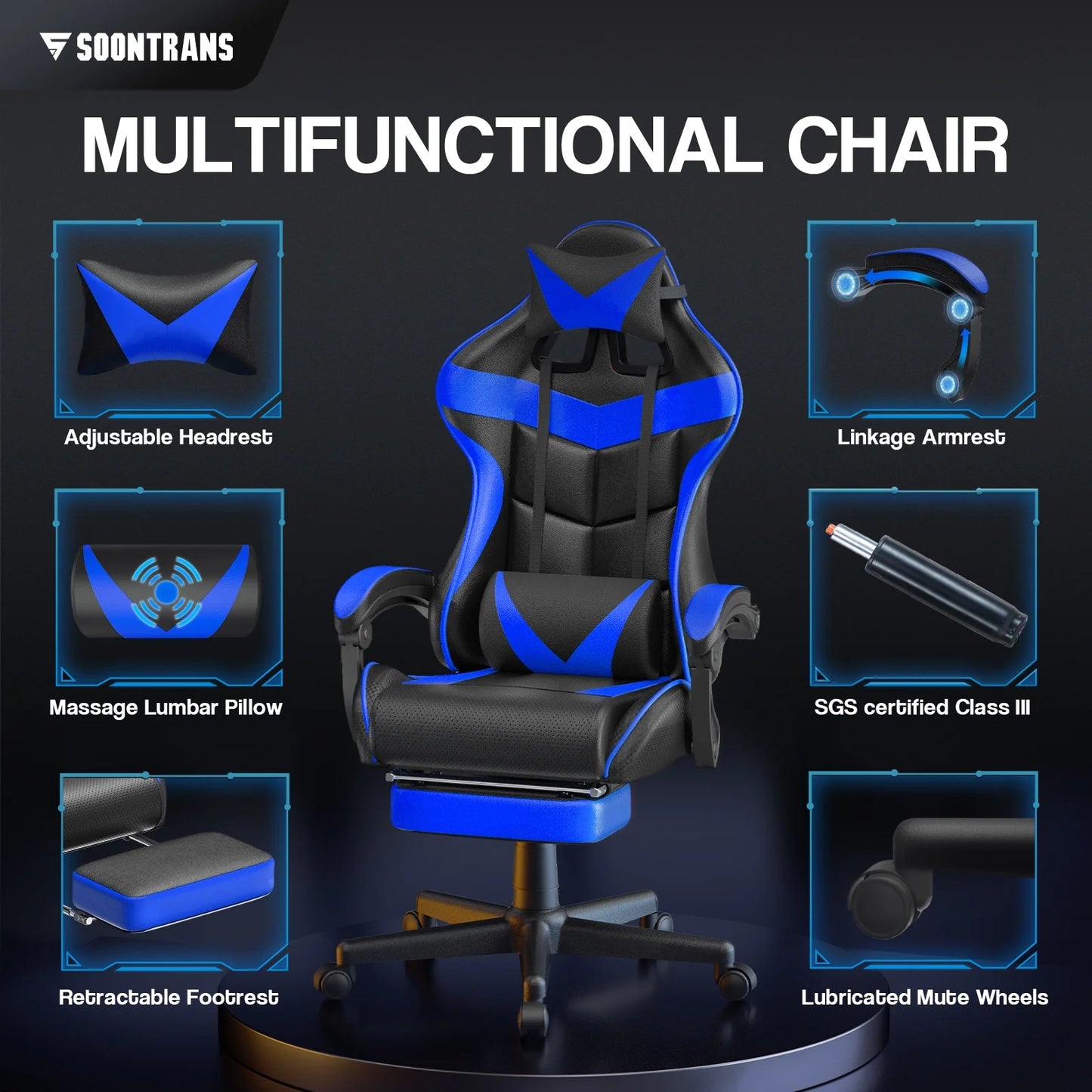 Black and blue gaming chair with adjustable headrest, lumbar pillow, footrest, and mute wheels for ergonomic comfort.