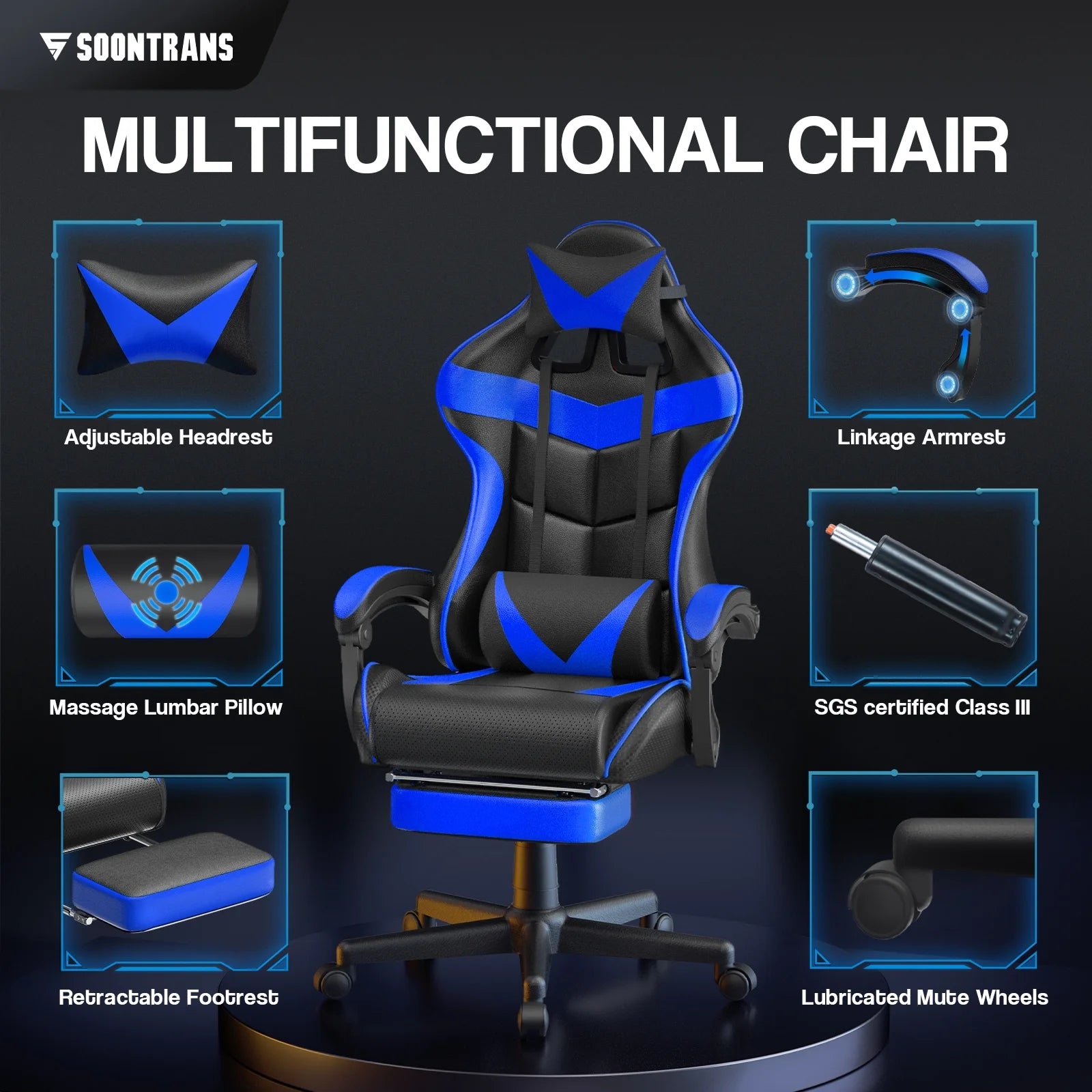 Black and blue gaming chair with adjustable headrest, lumbar pillow, footrest, and mute wheels for ergonomic comfort.