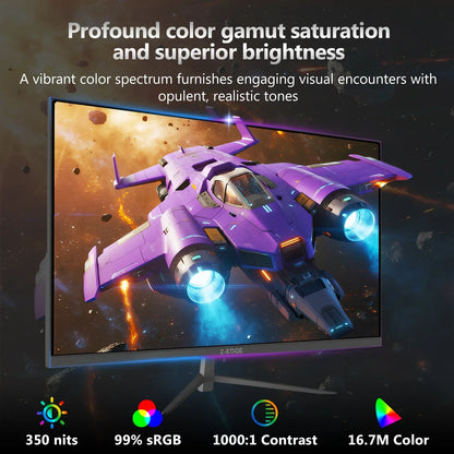 Gaming monitor displaying vibrant purple spaceship in space with high brightness, 99% sRGB, and 1000:1 contrast