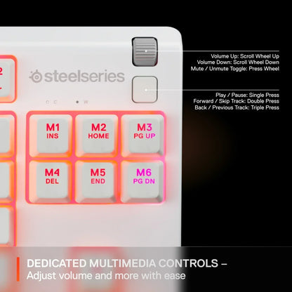 SteelSeries white gaming keyboard with RGB keys and dedicated multimedia controls, Byte Style