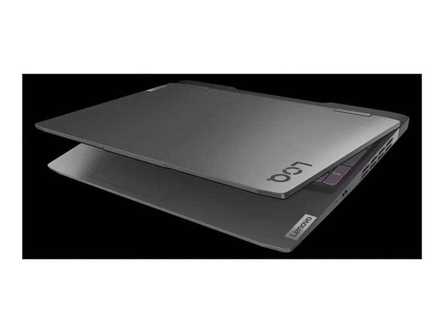 Lenovo Legion gaming laptop partially closed, dark gray design, visible rear cooling vents