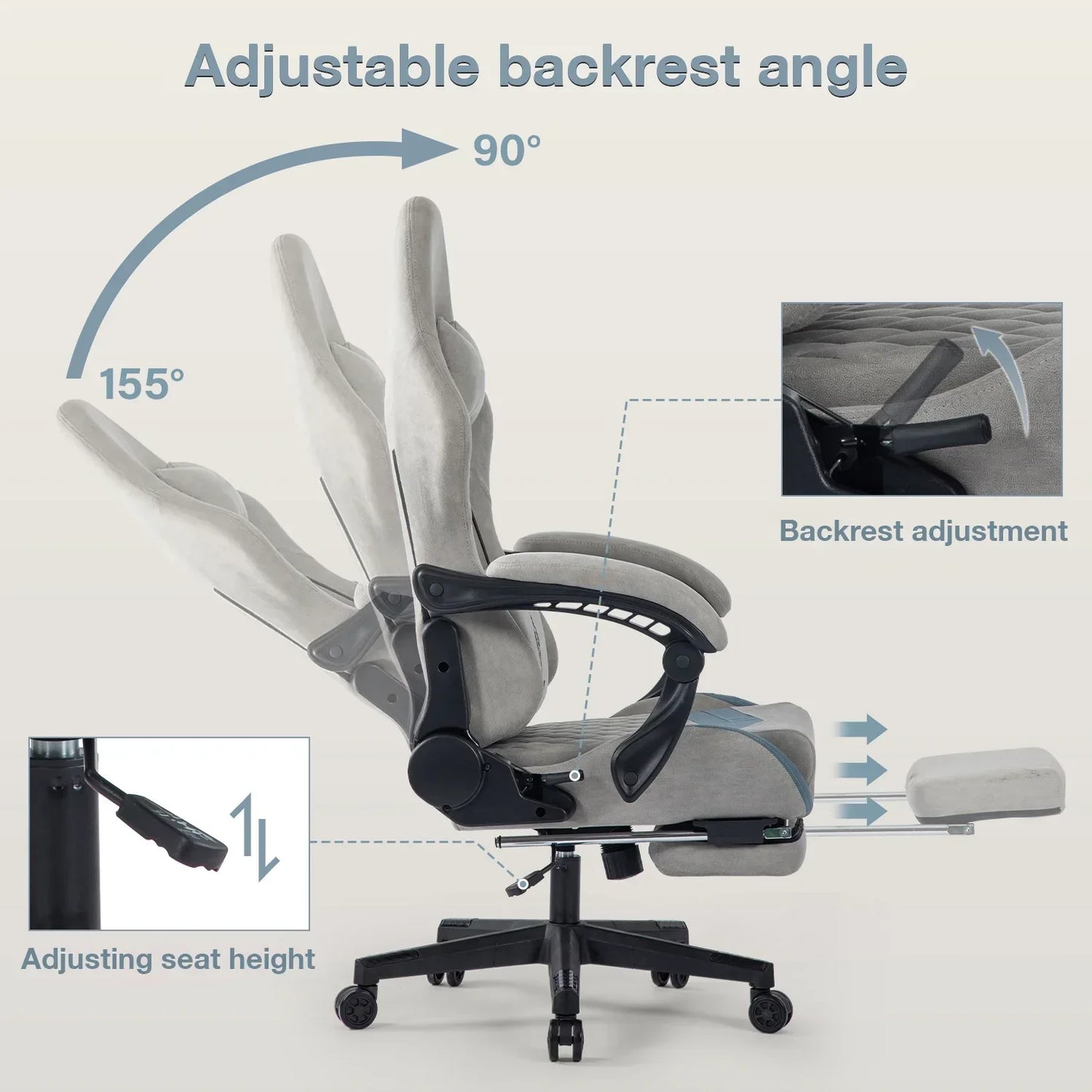 Gray adjustable office chair with backrest reclining from 90° to 155°, seat height lever, and extendable footrest
