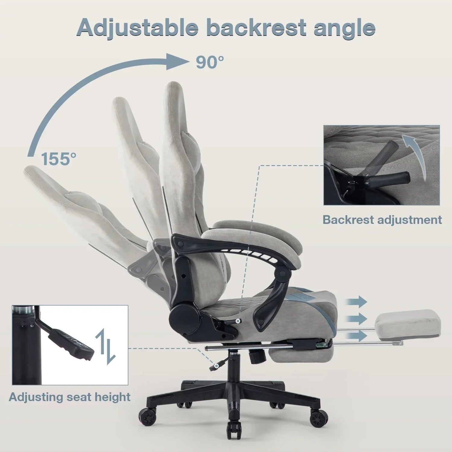 Gray adjustable office chair with backrest reclining from 90° to 155°, seat height lever, and extendable footrest