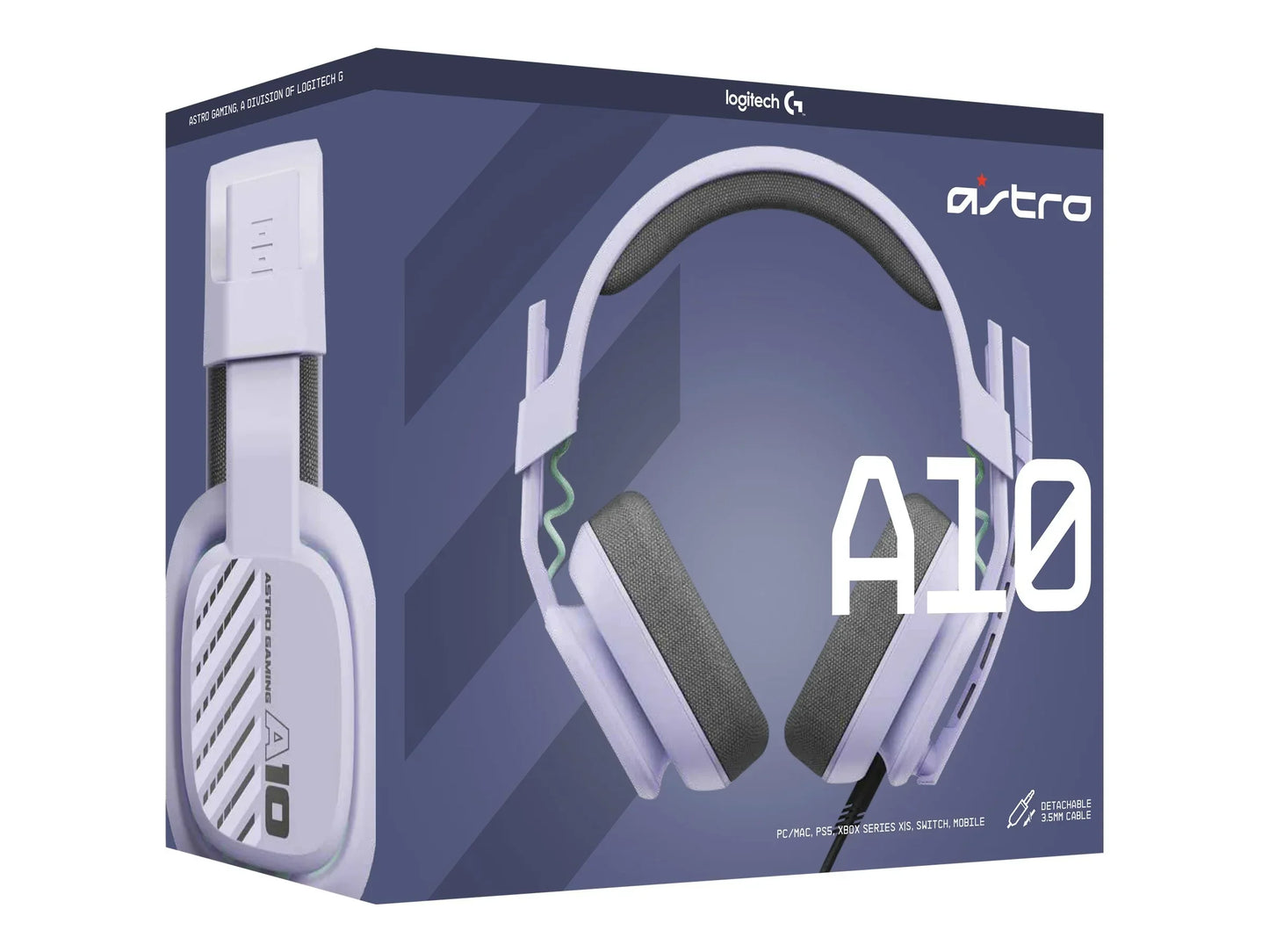 White Astro A10 gaming headset box with padded ear cups and detachable 3.5mm cable