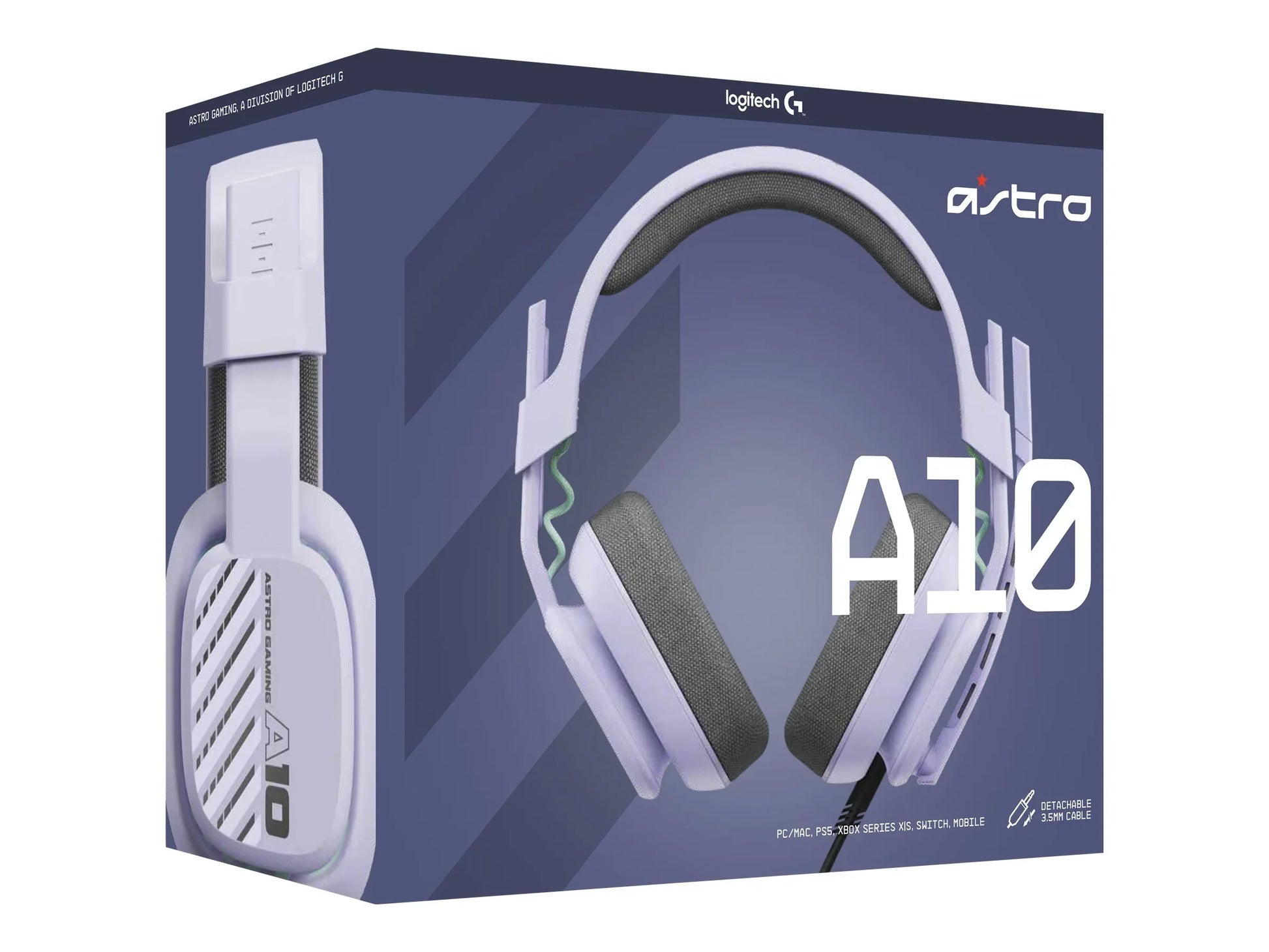 White Astro A10 gaming headset box with padded ear cups and detachable 3.5mm cable