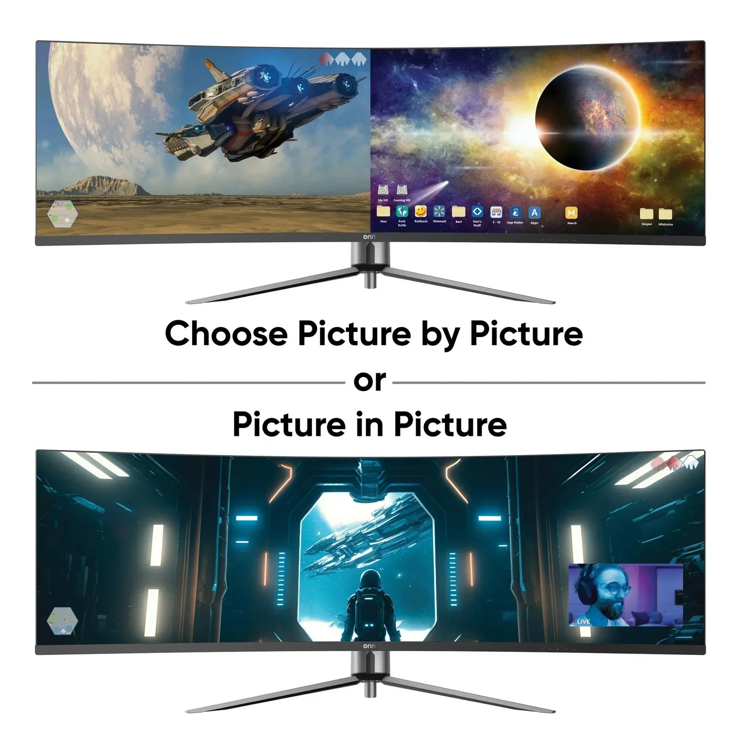 Ultra-wide gaming monitor showcasing space game graphics with spaceship, planet, and picture-in-picture streaming mode