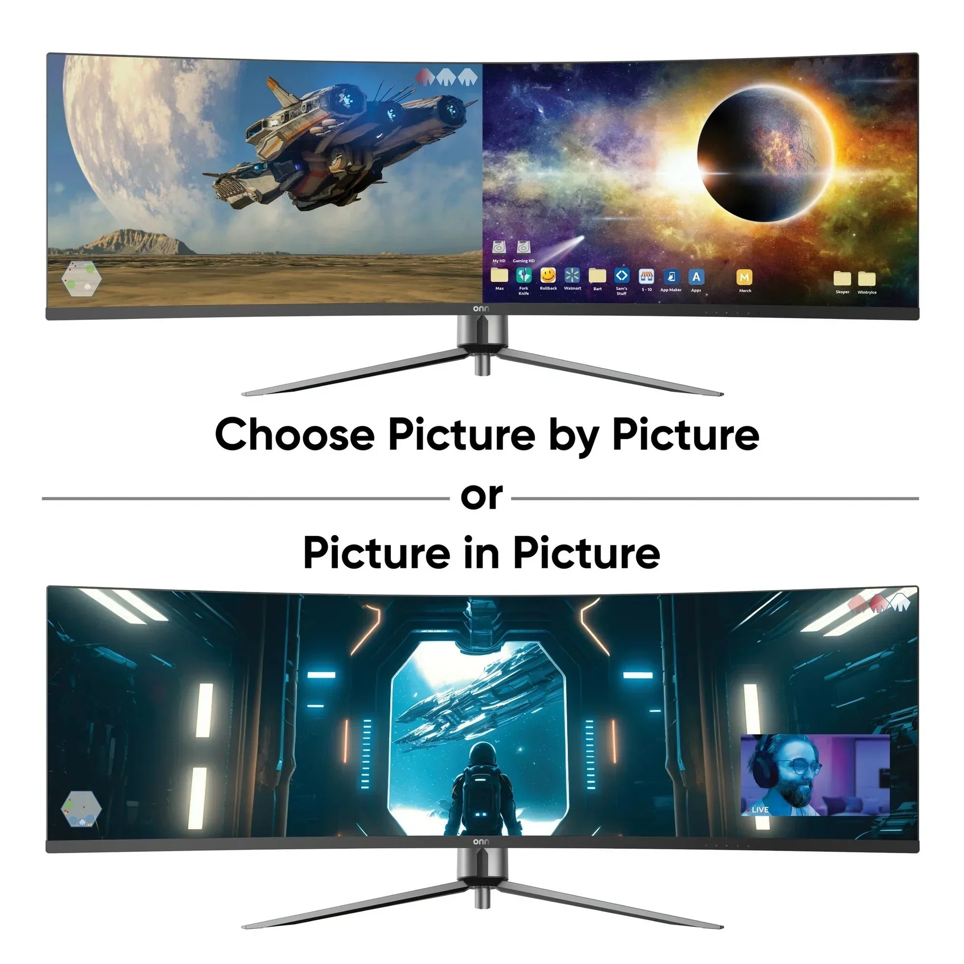 Ultra-wide gaming monitor showcasing space game graphics with spaceship, planet, and picture-in-picture streaming mode