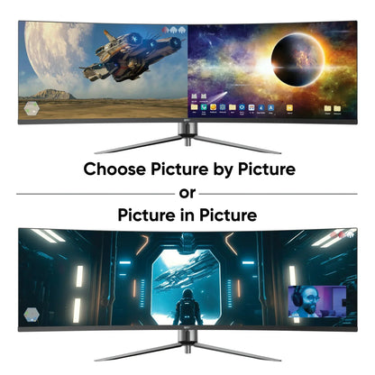 Ultra-wide gaming monitor showcasing space game graphics with spaceship, planet, and picture-in-picture streaming mode