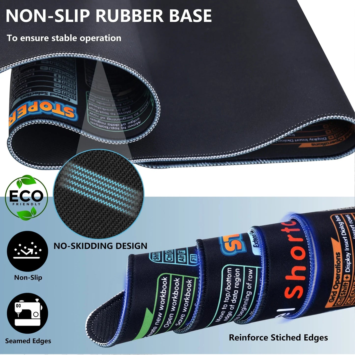 Close-up of non-slip gaming mouse pad with reinforced stitched edges and eco-friendly rubber base