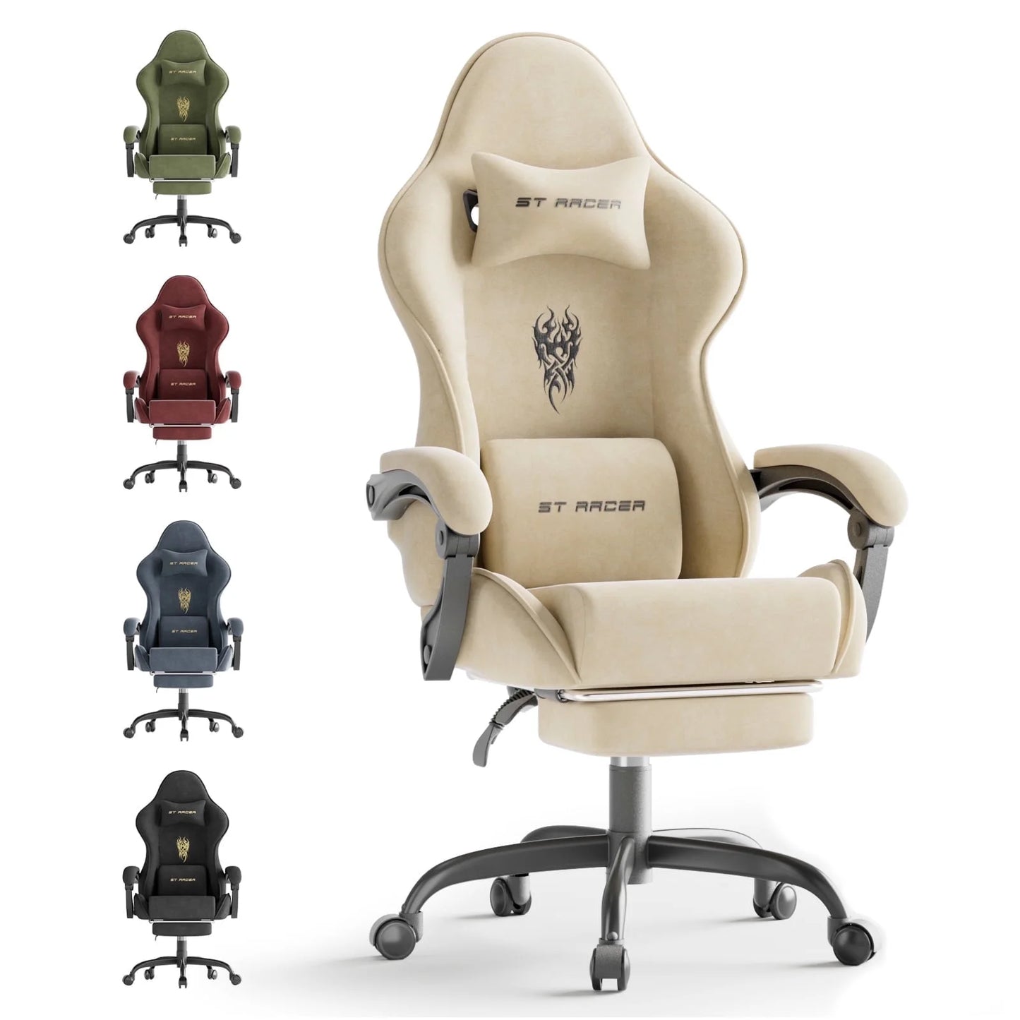Beige ST Racer gaming chair with lumbar support, shown with green, red, blue, and black color options for ergonomic setup.