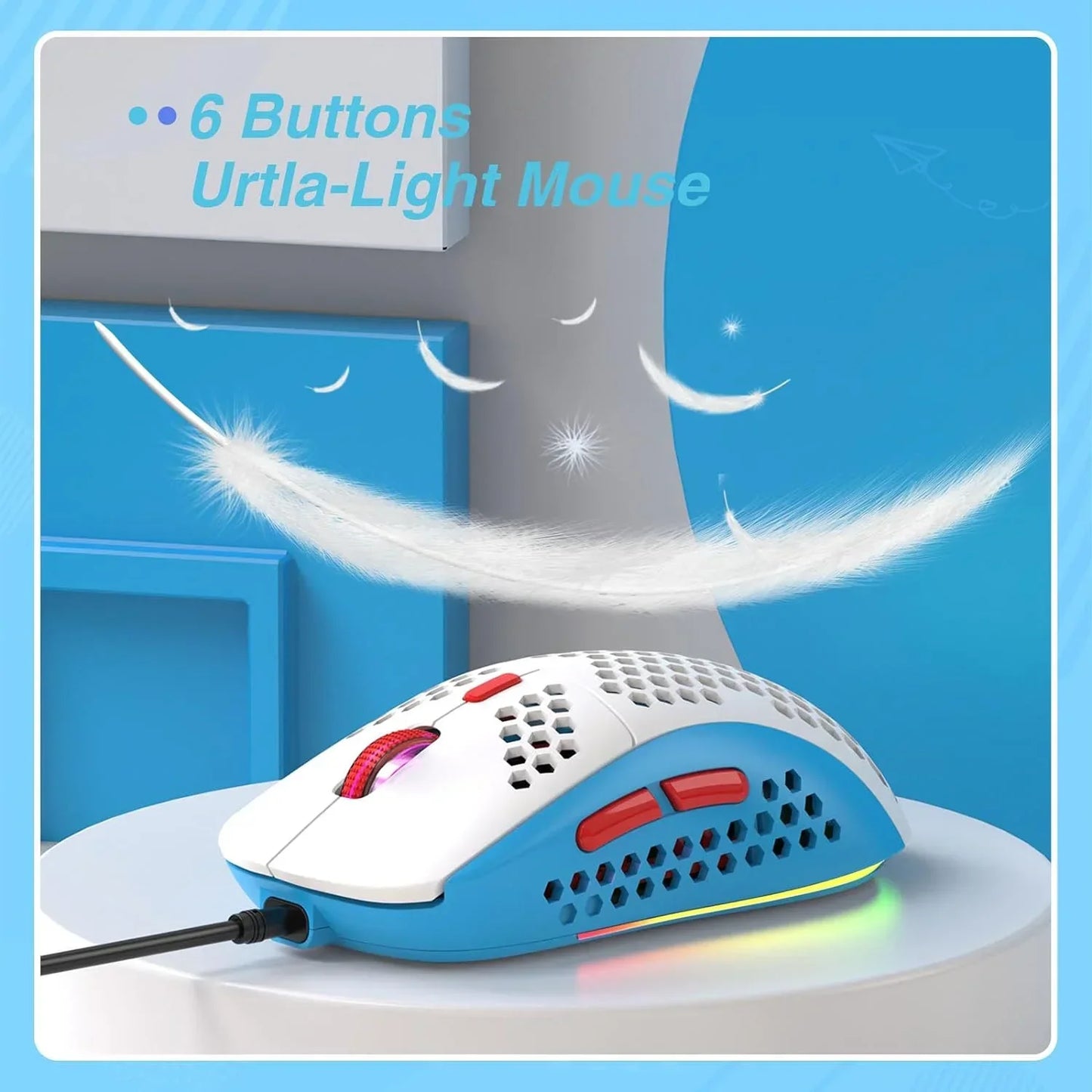 Blue and white ultra-light gaming mouse with six red buttons and honeycomb design on a white surface