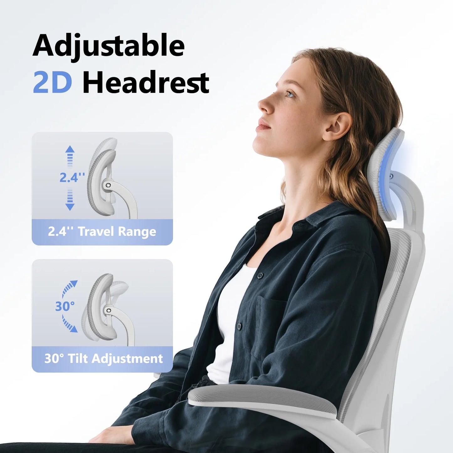 Gaming chair with adjustable 2D headrest, 2.4" travel and 30° tilt for ergonomic support
