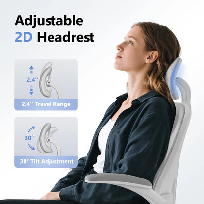 Gaming chair with adjustable 2D headrest, 2.4" travel and 30° tilt for ergonomic support