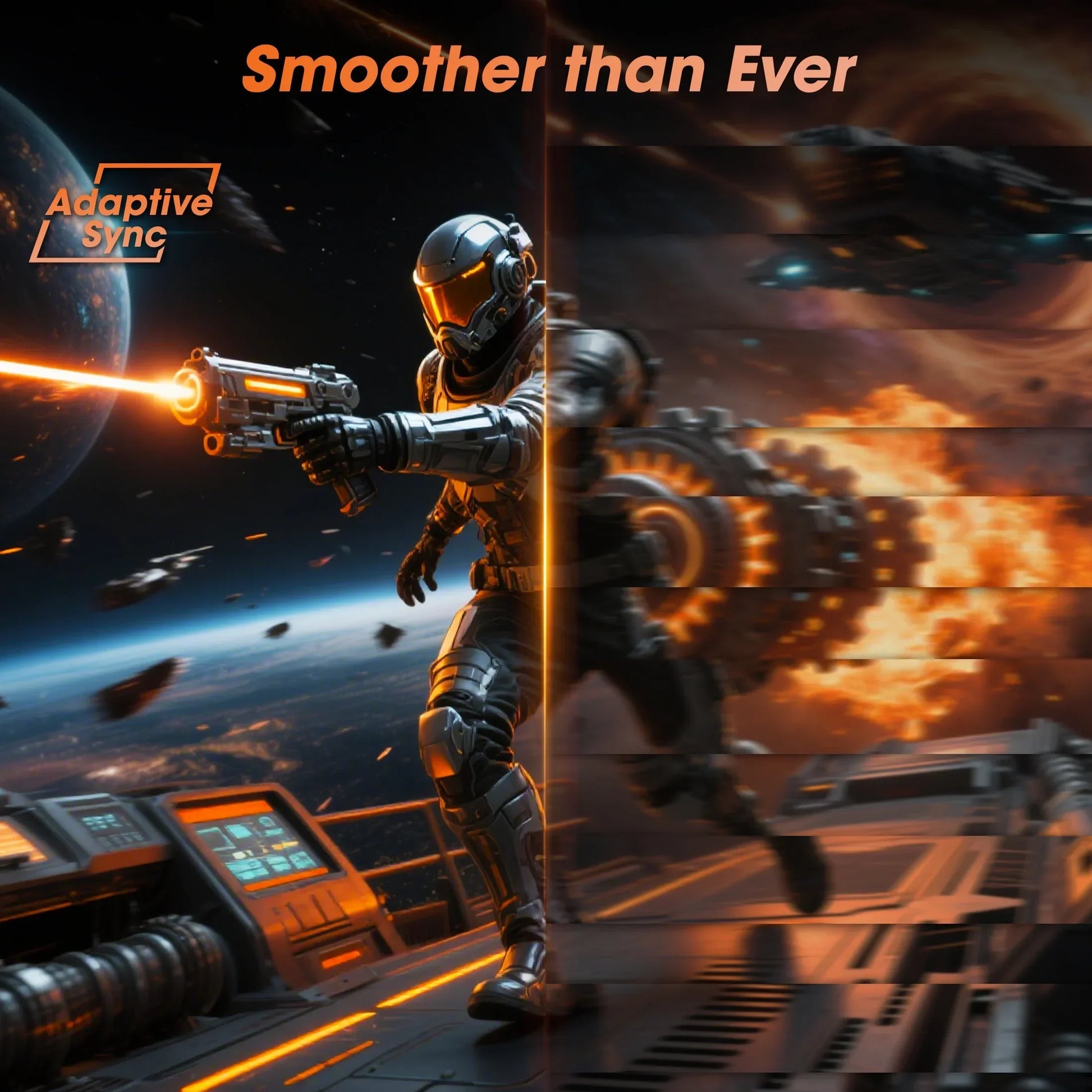 Sci-fi soldier with glowing orange visor firing futuristic gun on a sleek spaceship with Earth in background