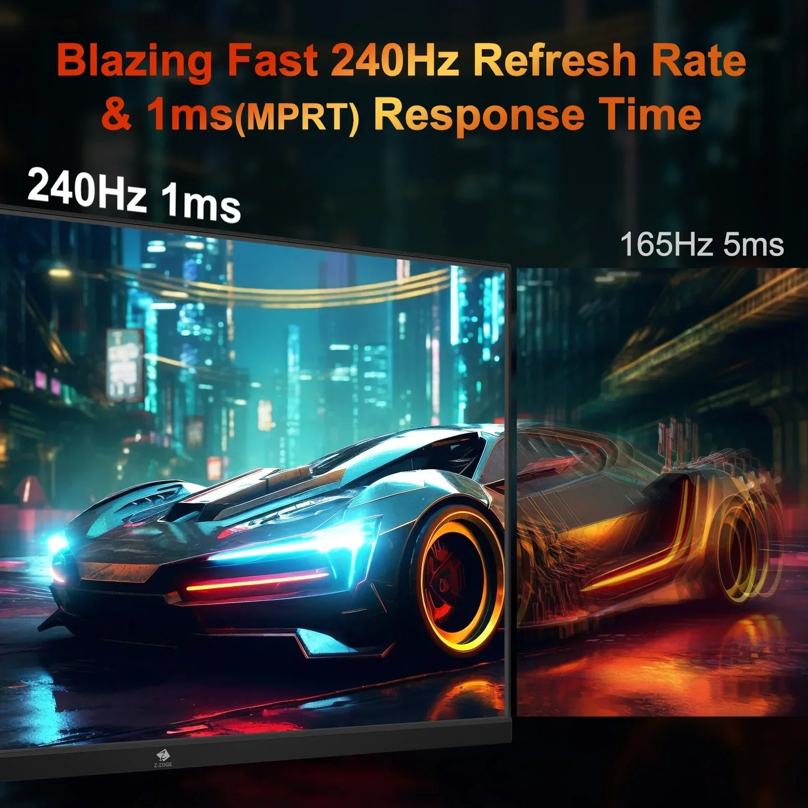 Comparison of 240Hz 1ms and 165Hz 5ms refresh rates showing a sharp futuristic racing car on a gaming monitor