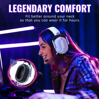 Happy gamer woman wearing white headset with microphone, emphasizing legendary comfort for long use