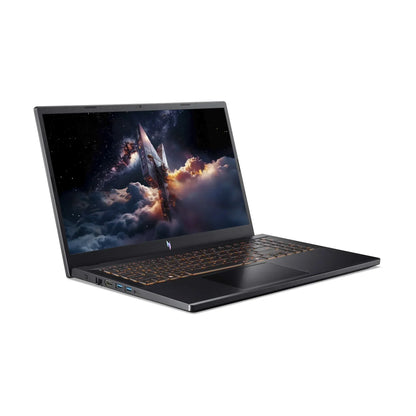 Gaming laptop with RGB keyboard and spaceship on screen, angled view on white background