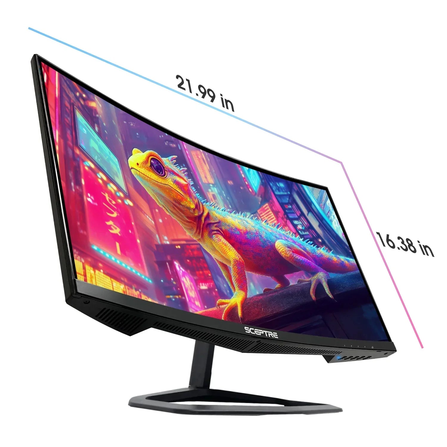 Curved Sceptre 21.99-inch gaming monitor displaying vibrant colorful lizard in neon cityscape, sleek black stand