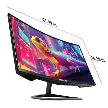 Curved Sceptre 21.99-inch gaming monitor displaying vibrant colorful lizard in neon cityscape, sleek black stand