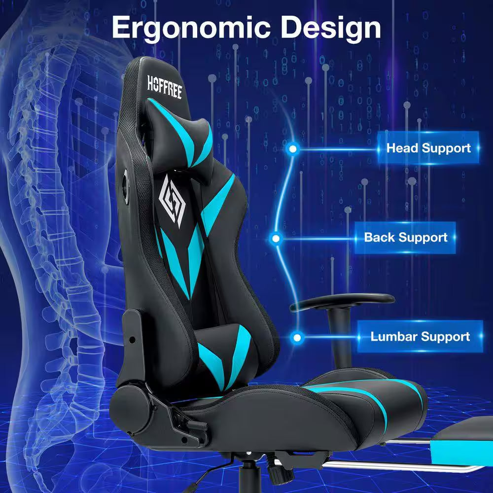 Ergonomic gaming chair with head, back & lumbar support, black and teal design, ideal for long gaming sessions