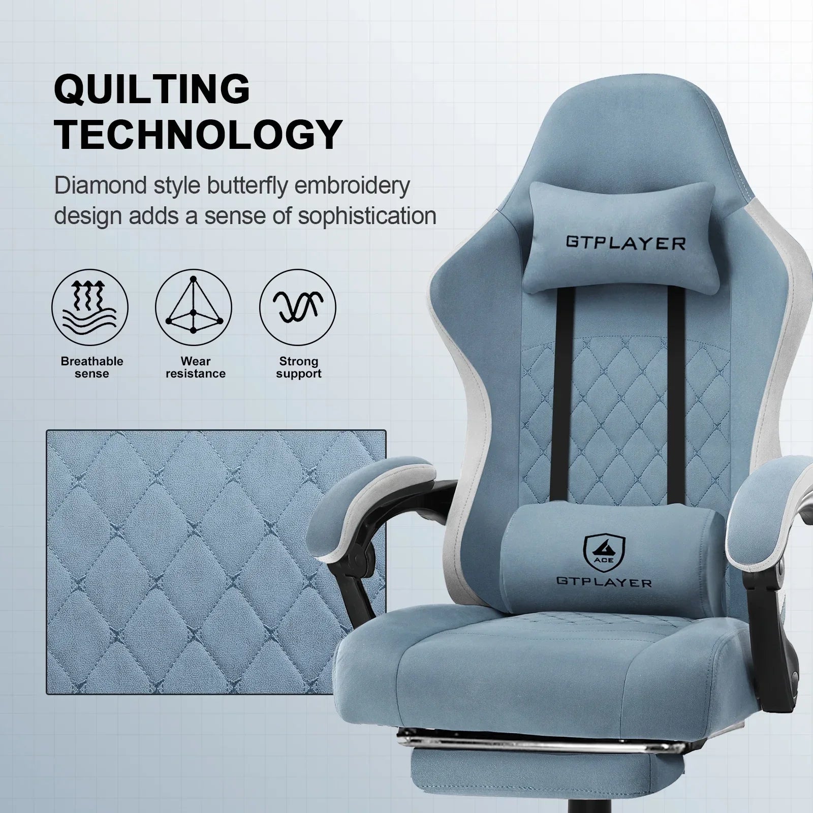 Blue GTPLAYER gaming chair with diamond style butterfly quilting, breathable fabric, wear resistance, and strong support