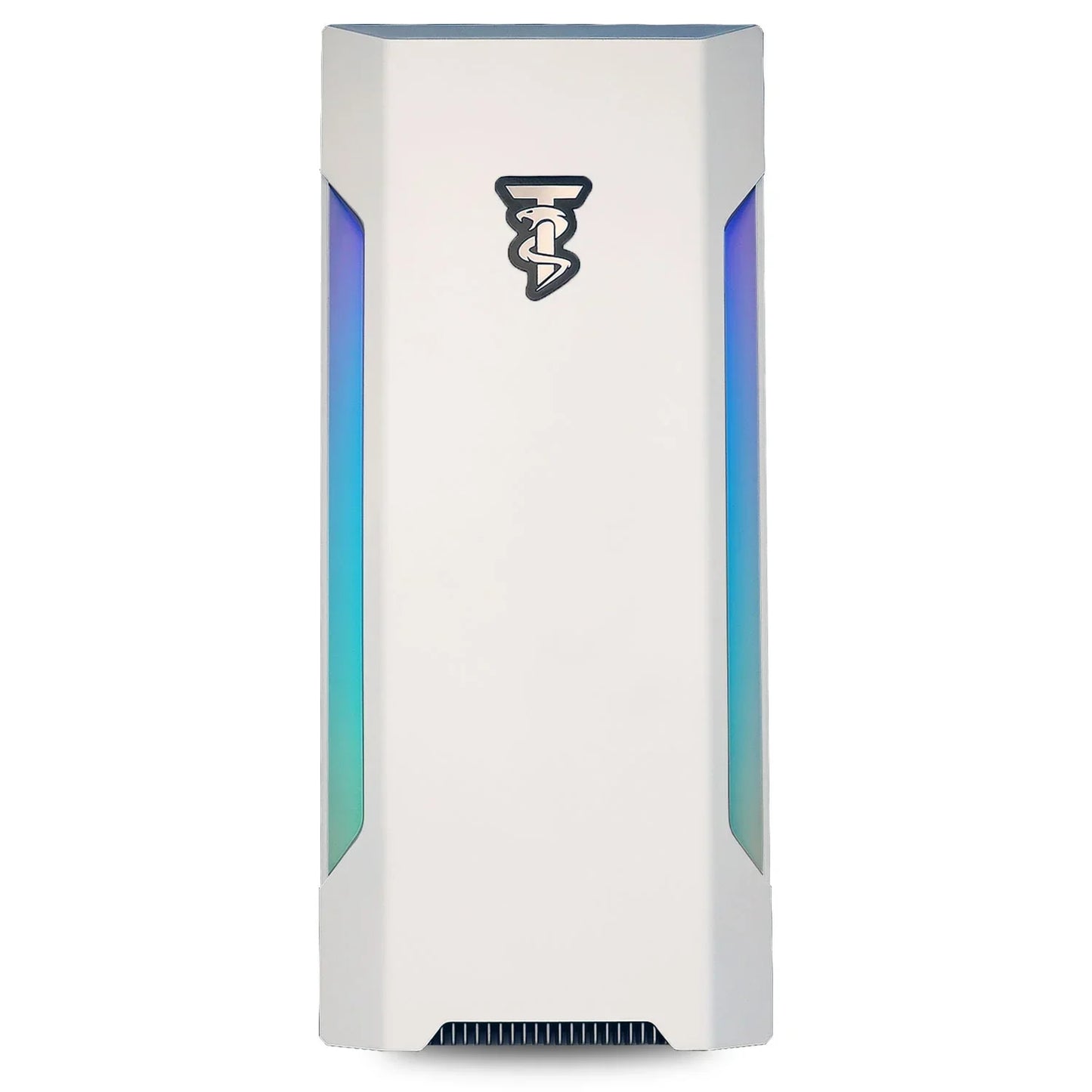 White gaming PC tower with RGB lighting and black tech logo on front panel