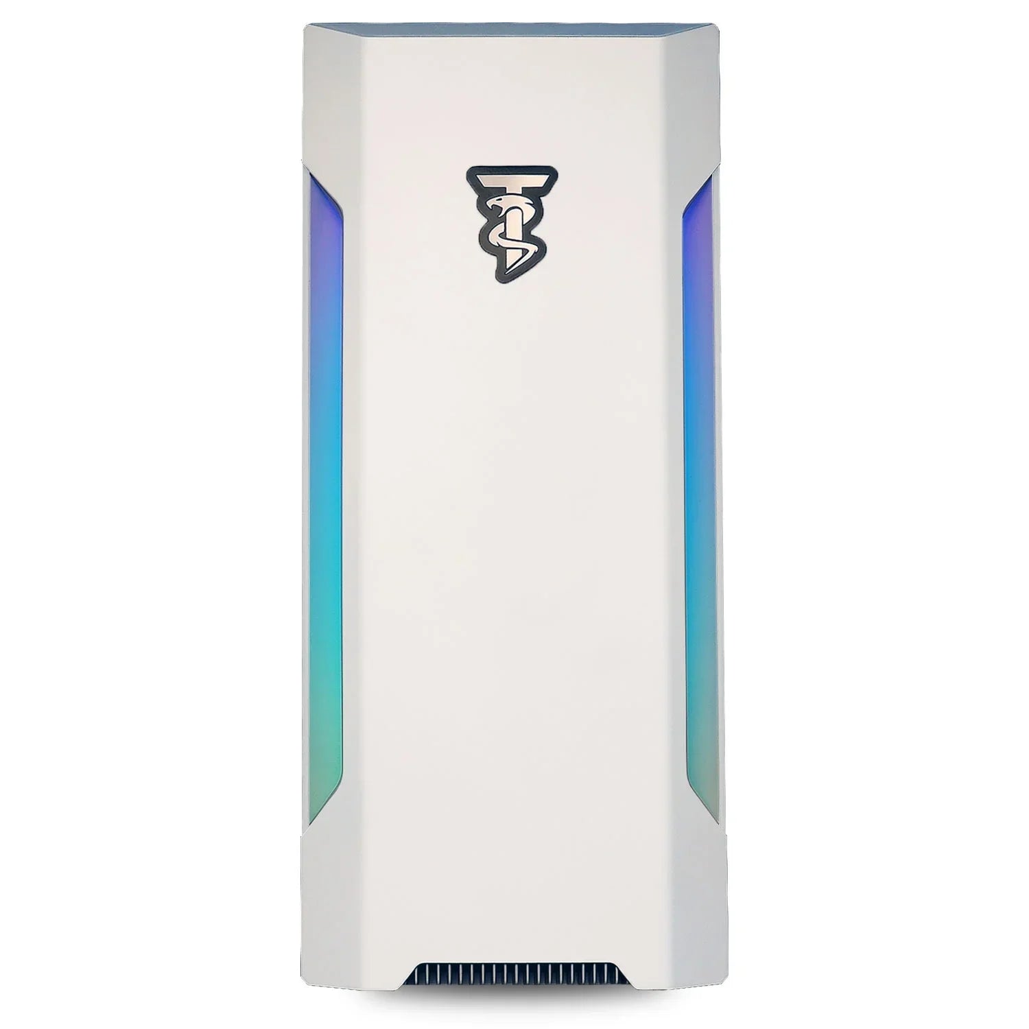 White gaming PC tower with RGB lighting and black tech logo on front panel