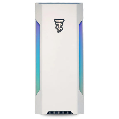 White gaming PC tower with RGB lighting and black tech logo on front panel