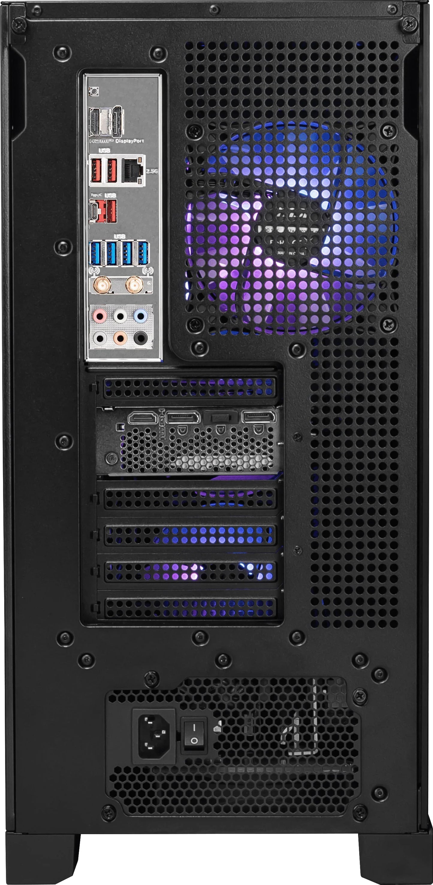 Rear view of a black gaming PC tower with RGB-lit cooling fan and multiple USB, HDMI, DisplayPort, Ethernet, and audio ports