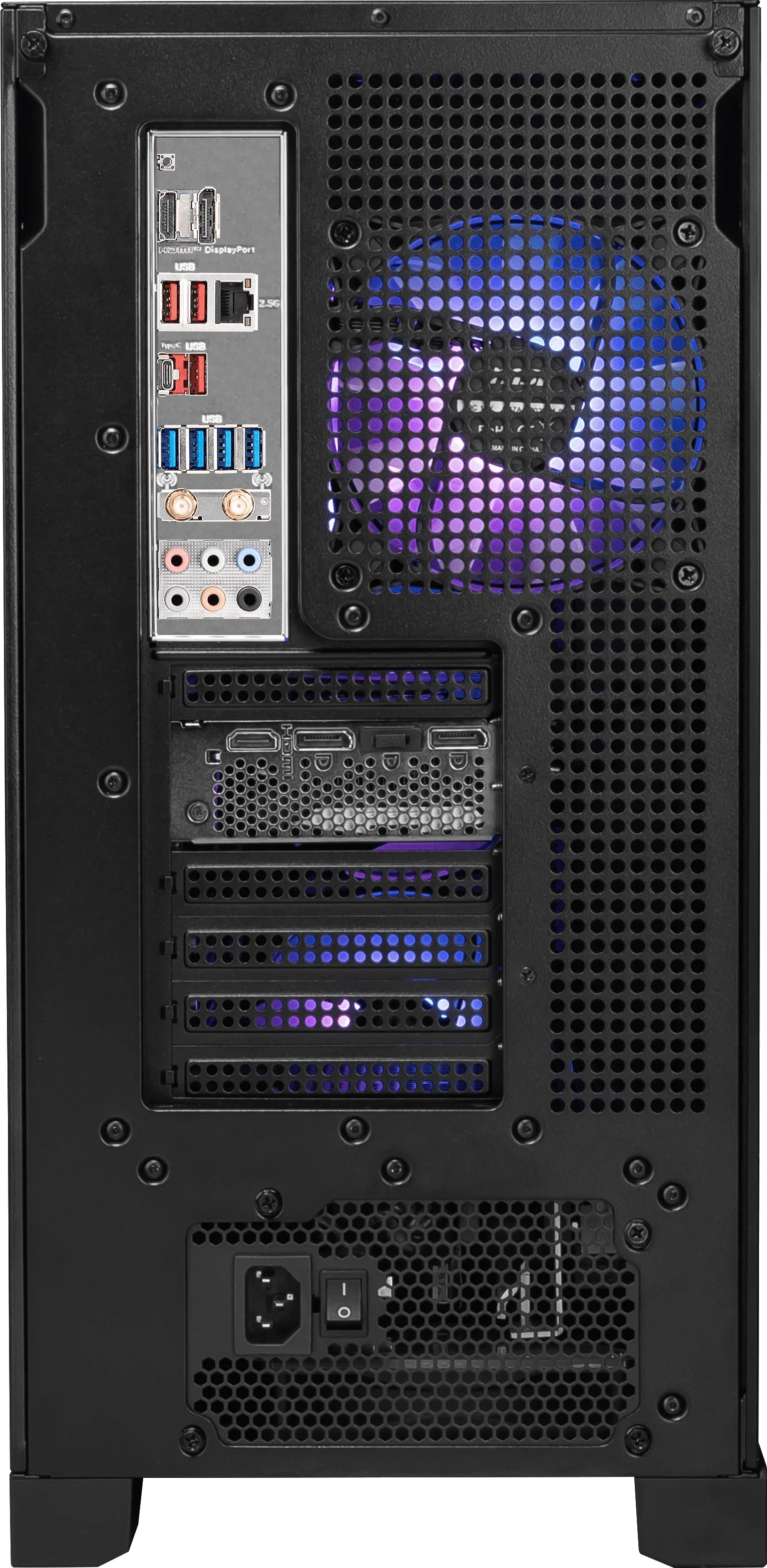 Rear view of a black gaming PC tower with RGB-lit cooling fan and multiple USB, HDMI, DisplayPort, Ethernet, and audio ports