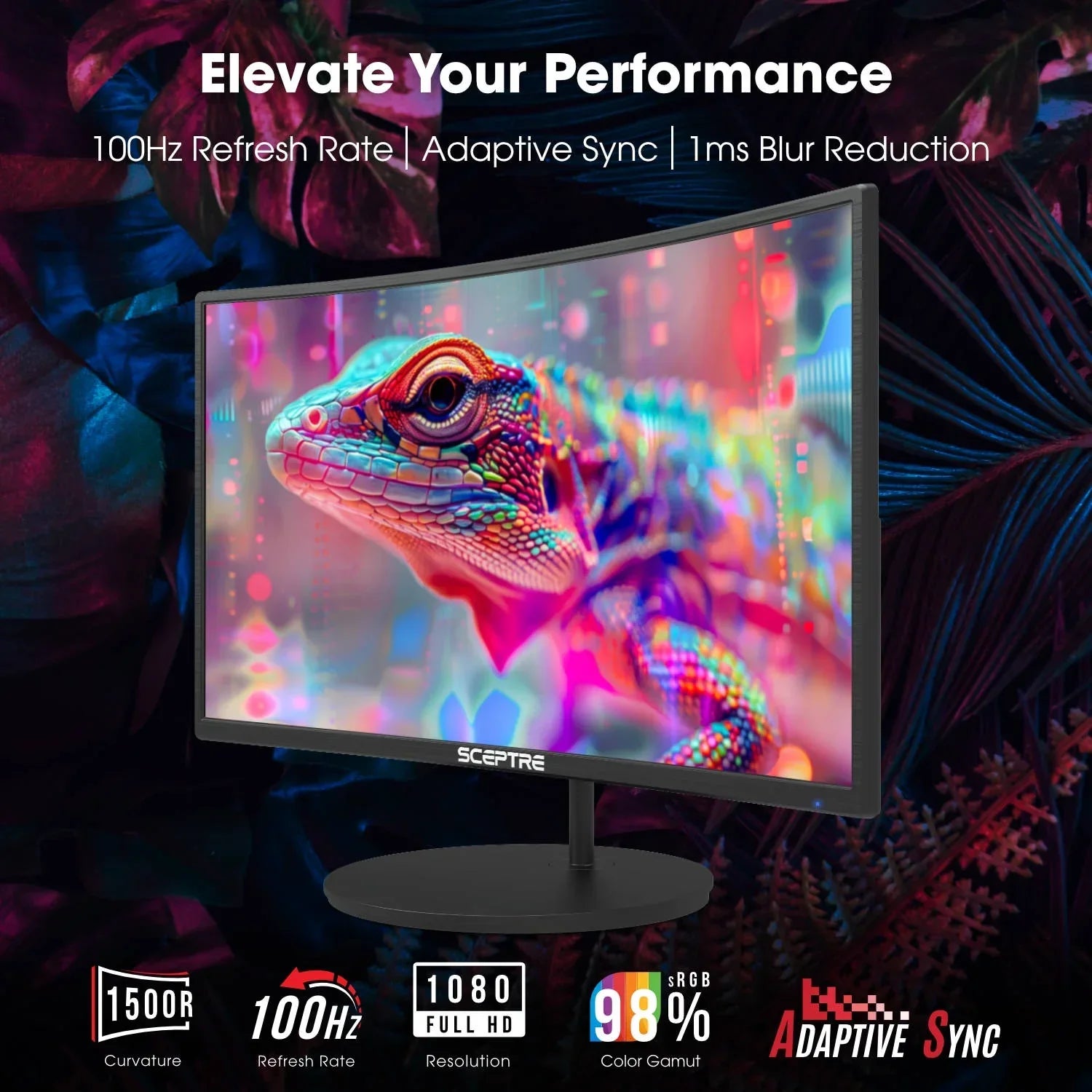 Sceptre curved gaming monitor with 1080p, 100Hz refresh rate, 98% sRGB, and adaptive sync display