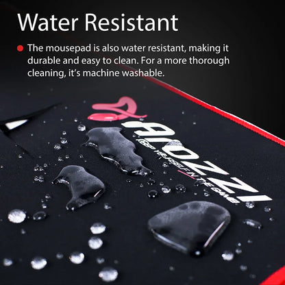 Black Arozzi gaming mousepad with water droplets showing water resistant surface and red edging