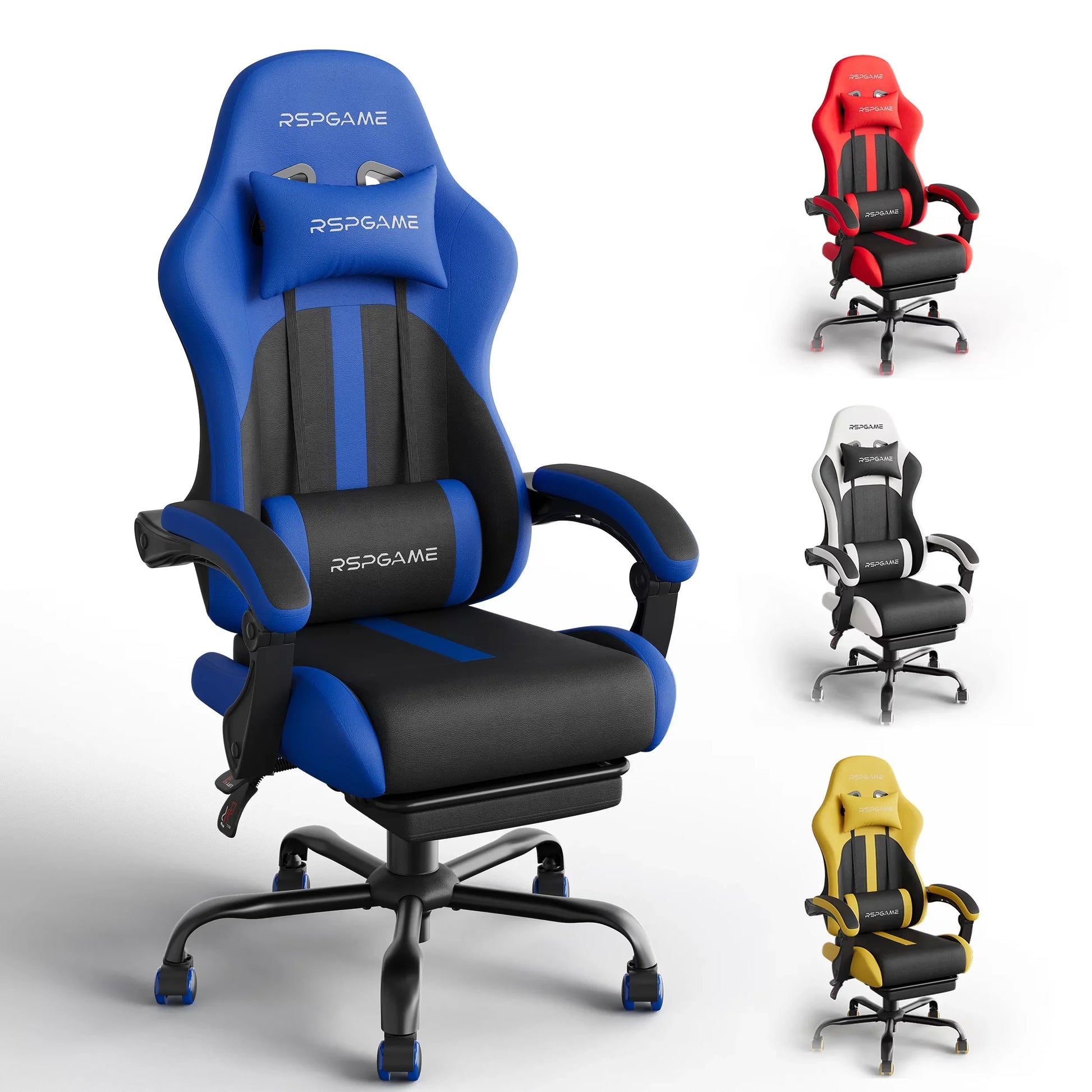 Blue and black RSPGAME gaming chair with lumbar support, shown with red, white, and yellow color options for PC setup