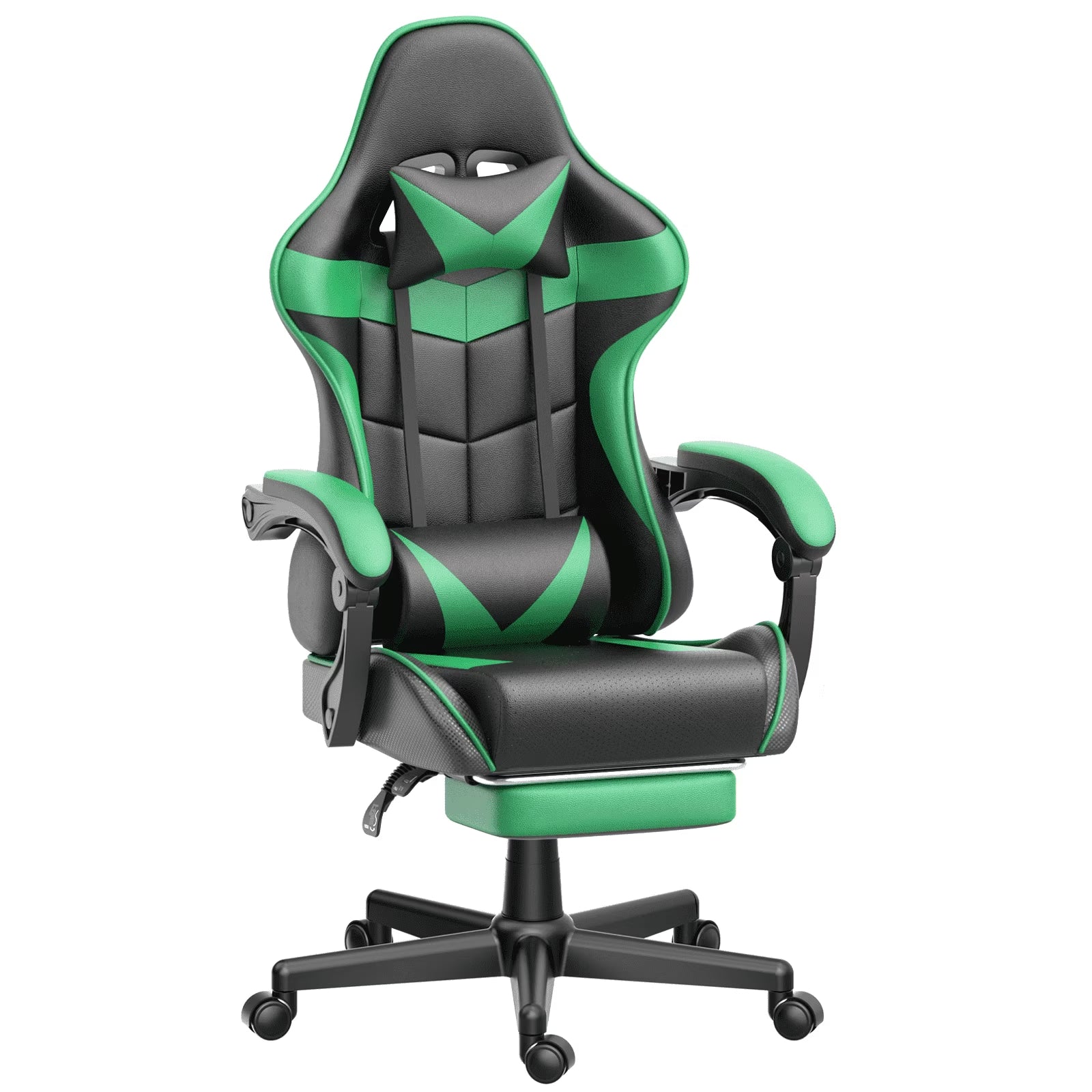 Black and green gaming chair with lumbar support, adjustable arms, and footrest for ergonomic comfort