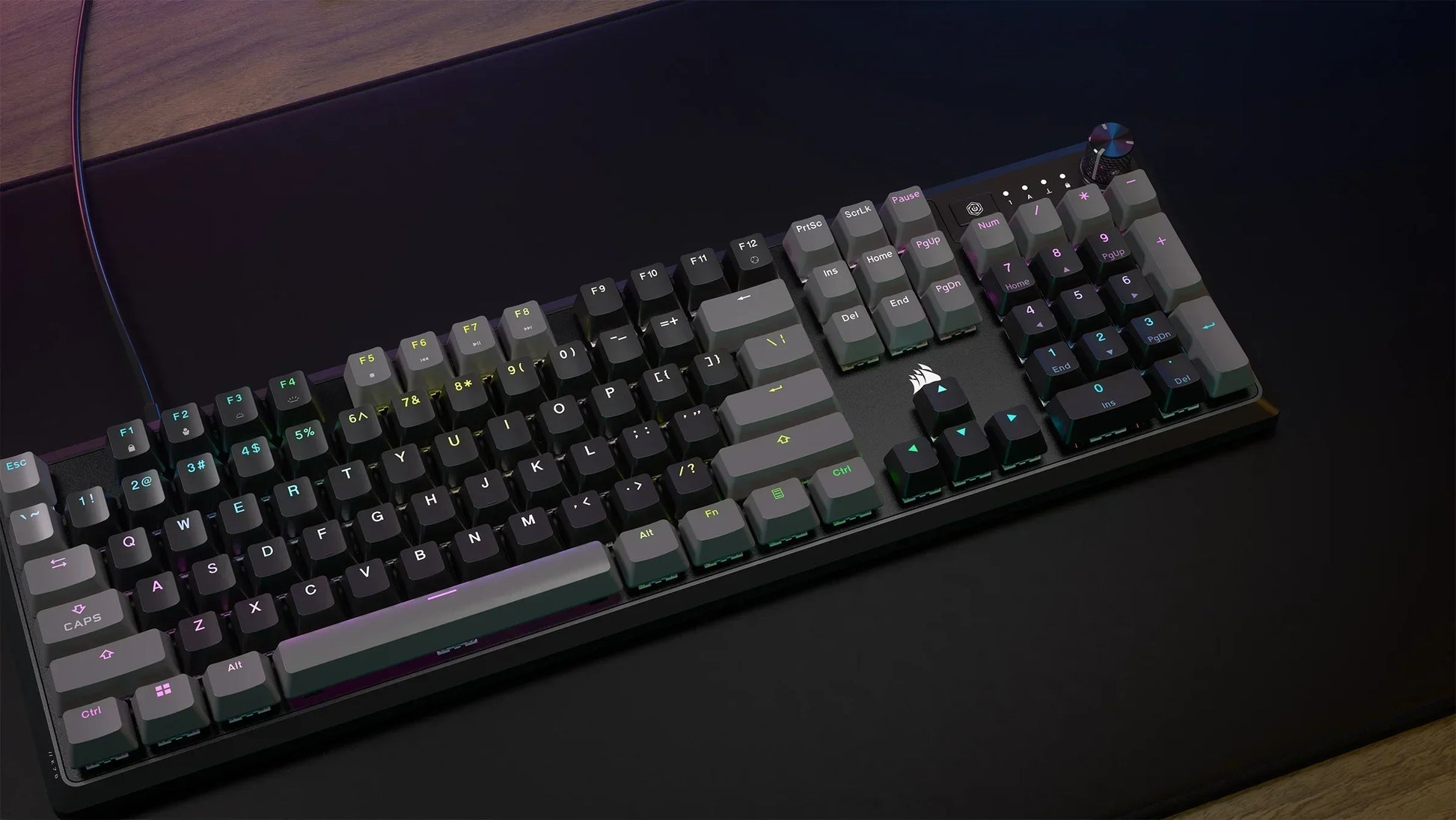 RGB mechanical gaming keyboard on desk, retro 8-bit inspired, Byte Style modern gaming gear