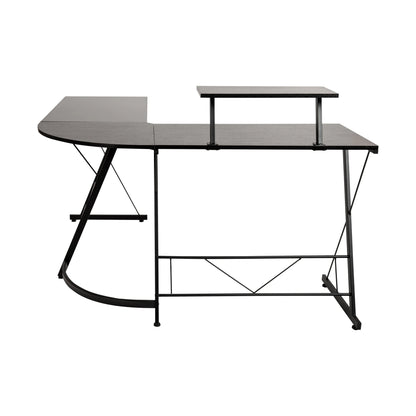 Modern black metal and wood gaming desk with elevated monitor shelf and curved corner