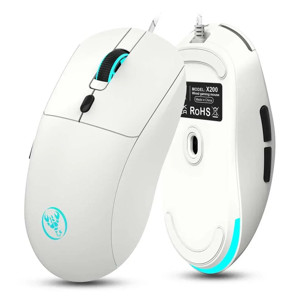 White wired gaming mouse model X200 with blue LED accents and ergonomic design by Byte Style