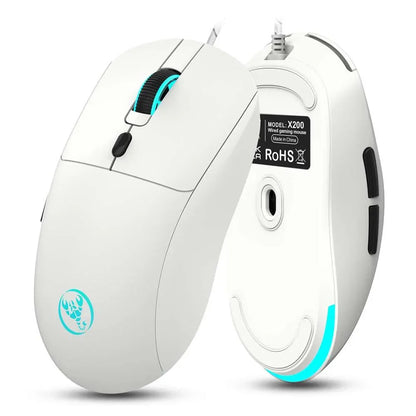 White wired gaming mouse model X200 with blue LED accents and ergonomic design by Byte Style