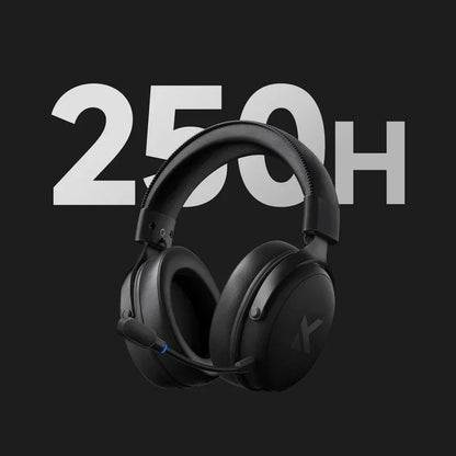 Black gaming headset with 250H battery life, featuring mic and sleek design for PC gaming setups