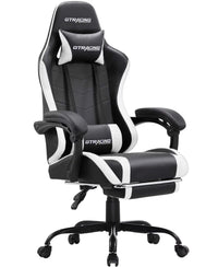 Black and white GT Racing ergonomic gaming chair with adjustable armrests, headrest, lumbar support, and wheels