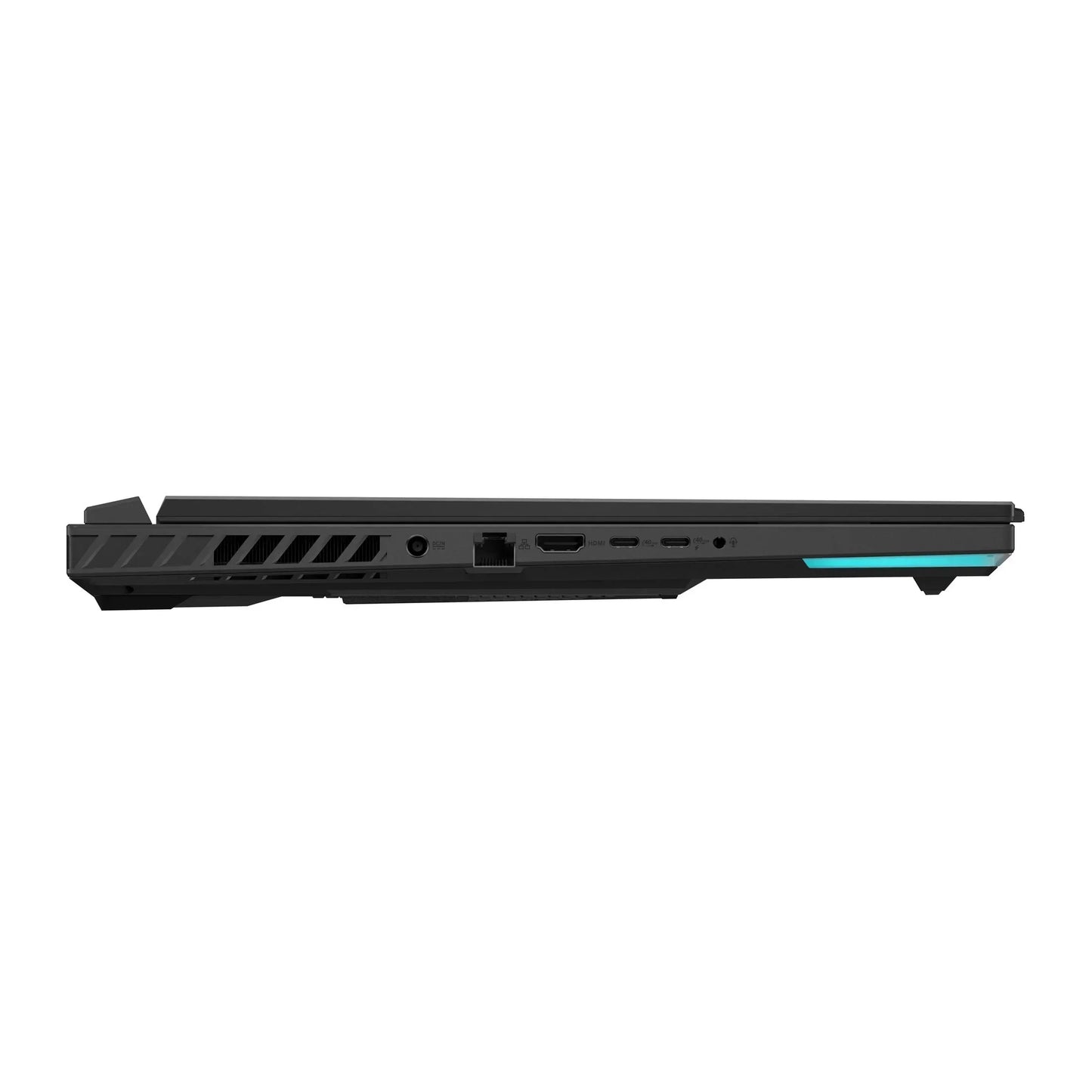 Side view of slim gaming laptop showing multiple ports and cooling vent